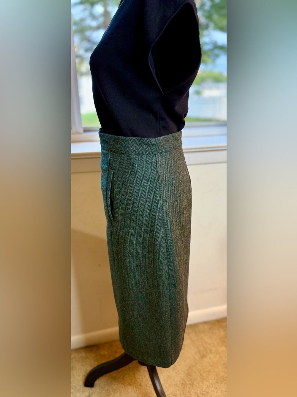 Modcloth wool blend preppy green black herringbone A line skirt lined pockets L - Picture 12 of 12